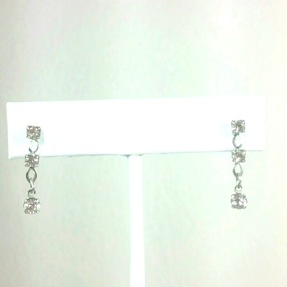 Earring post dangle Silver plated 3 CZ drop - Picture 2 of 2
